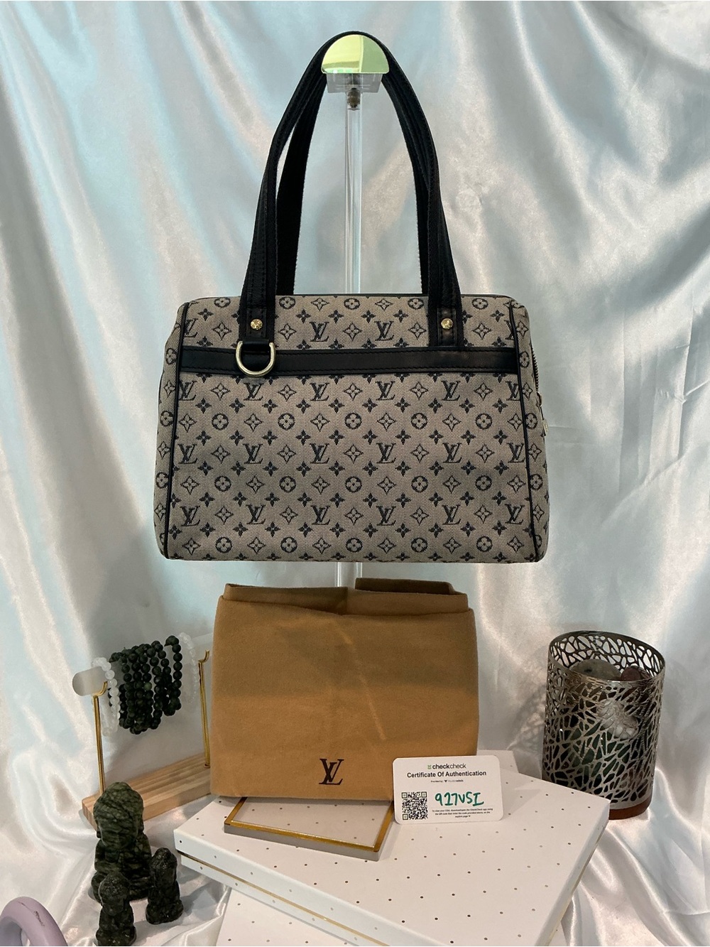 EUC Louis Vuitton Gray Monogram Canvas Satchel with Navy Trim, COA, LV Dustbag